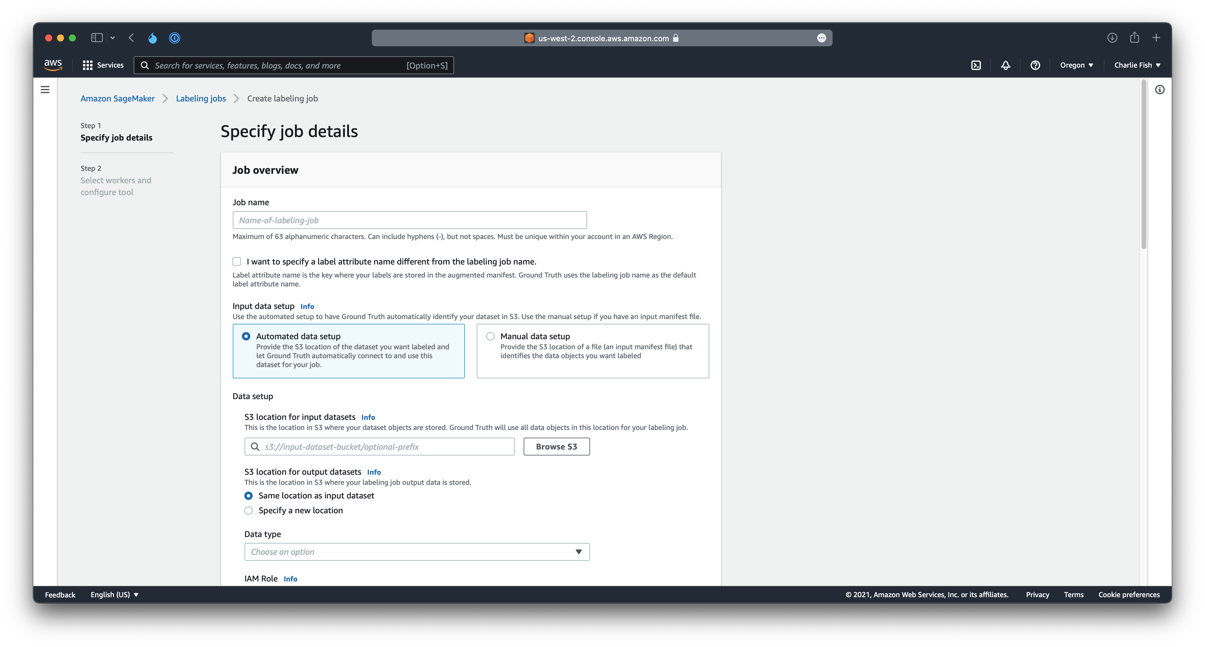 Screenshot of the interface for choosing specifying job details in AWS SageMaker Ground Truth creation wizard